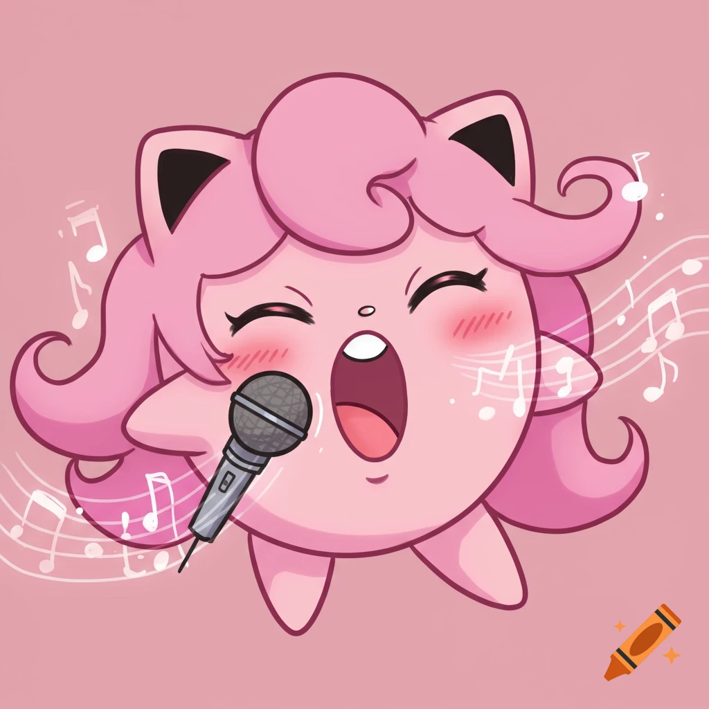 Pink cartoon character inspired by Jigglypuff singing into a microphone with musical notes around it, anime style illustration.