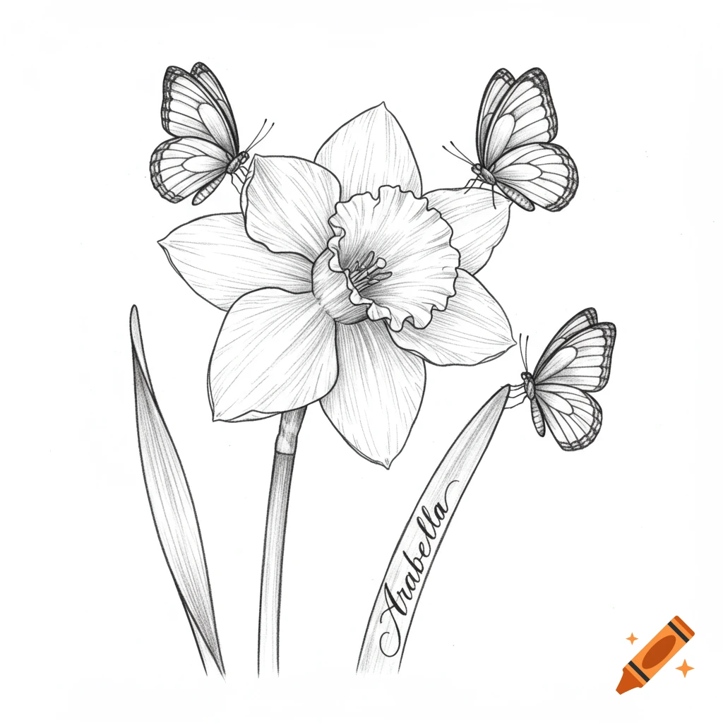 Pencil drawing of a daffodil with butterflies and the name Arabella.