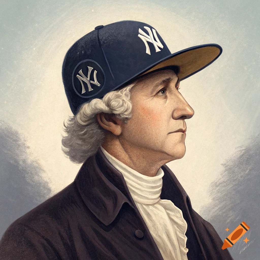 Illustration of George Washington wearing a New York Yankees baseball cap