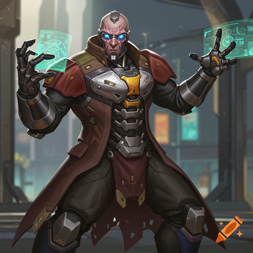 A cyborg man in a red coat holding glowing holographic screens in a futuristic city.