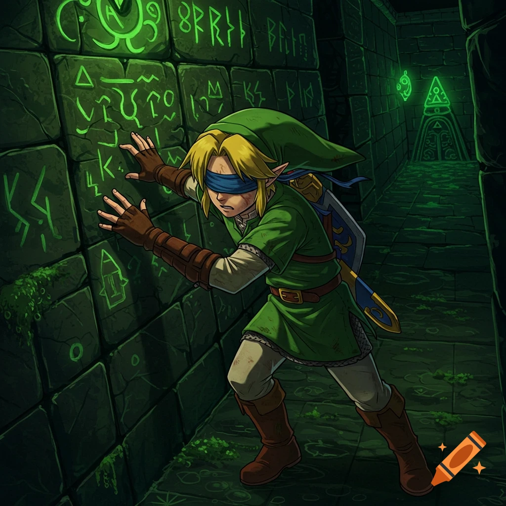 Blindfolded Link navigating a dark dungeon by feeling a glowing rune wall in an anime style.
