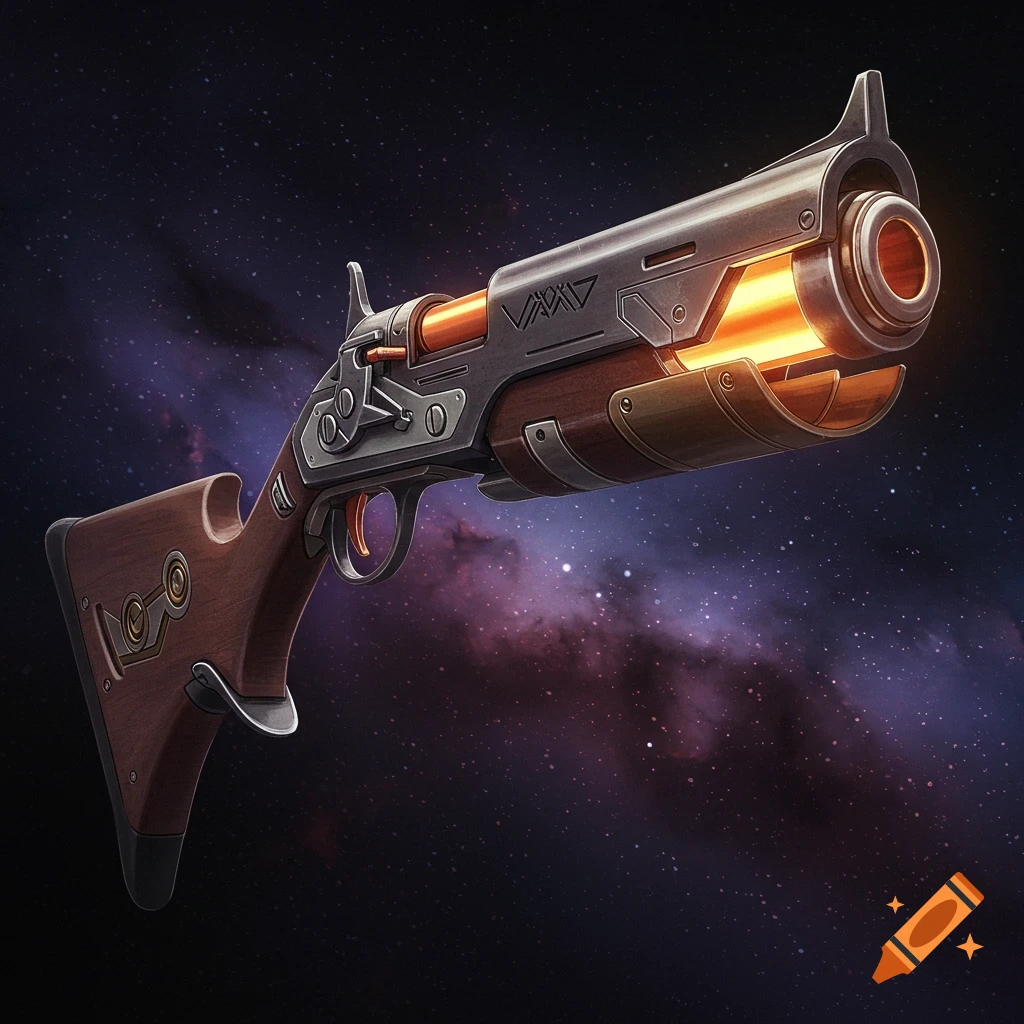 A stylized sci-fi musket gun in space.