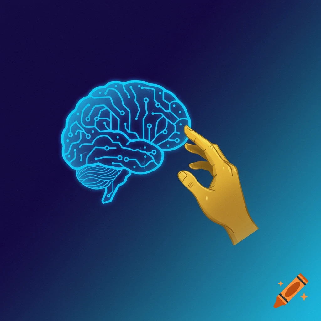 Digital illustration of a hand touching a glowing circuit board brain.