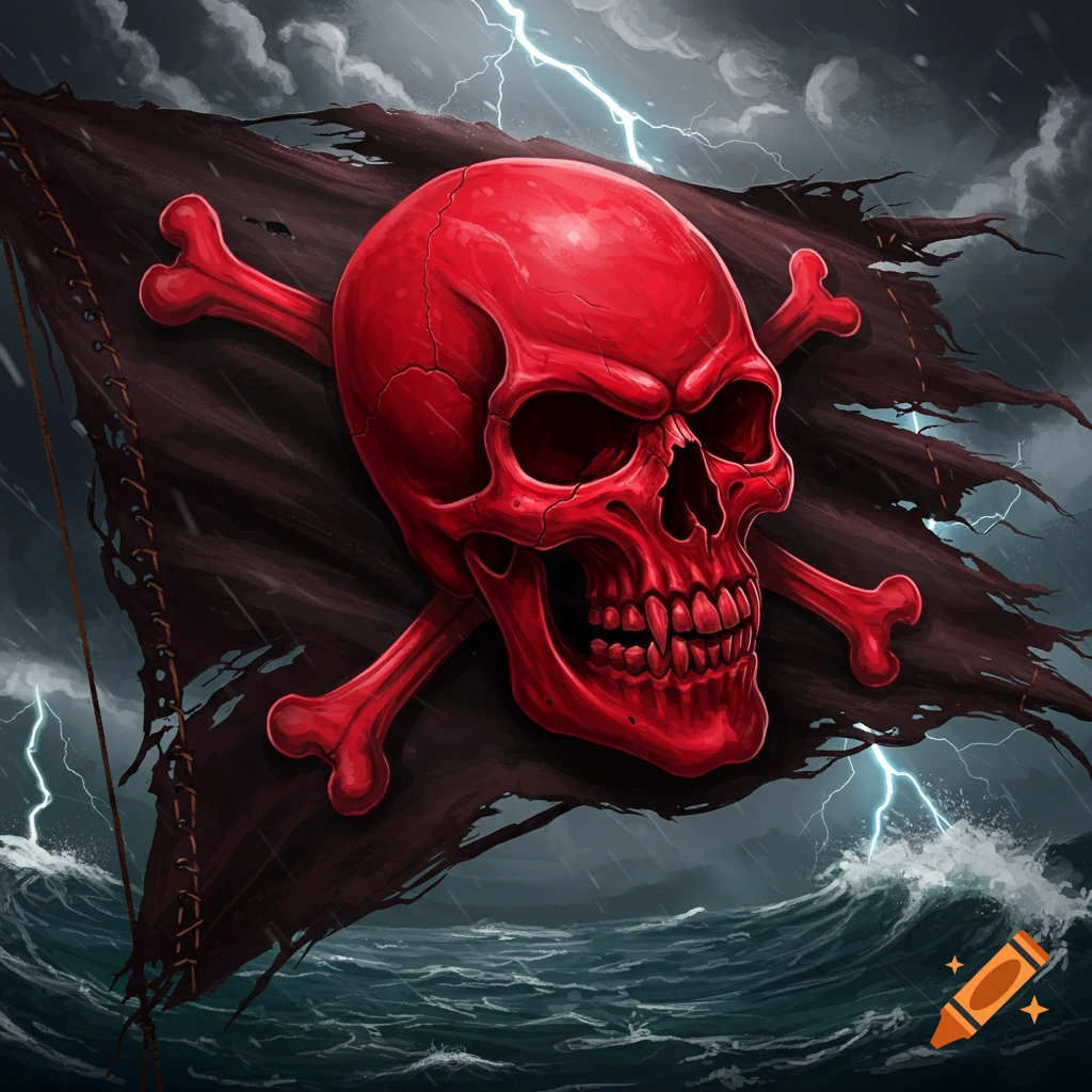 A crimson skull and crossbones on a black pirate flag over a stormy sea.