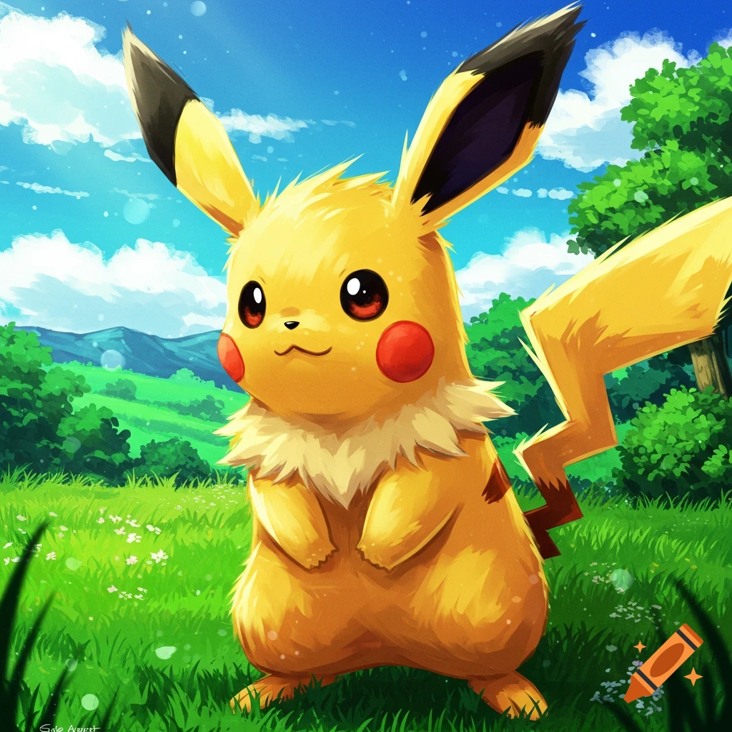 Pikachu standing in a grassy field.