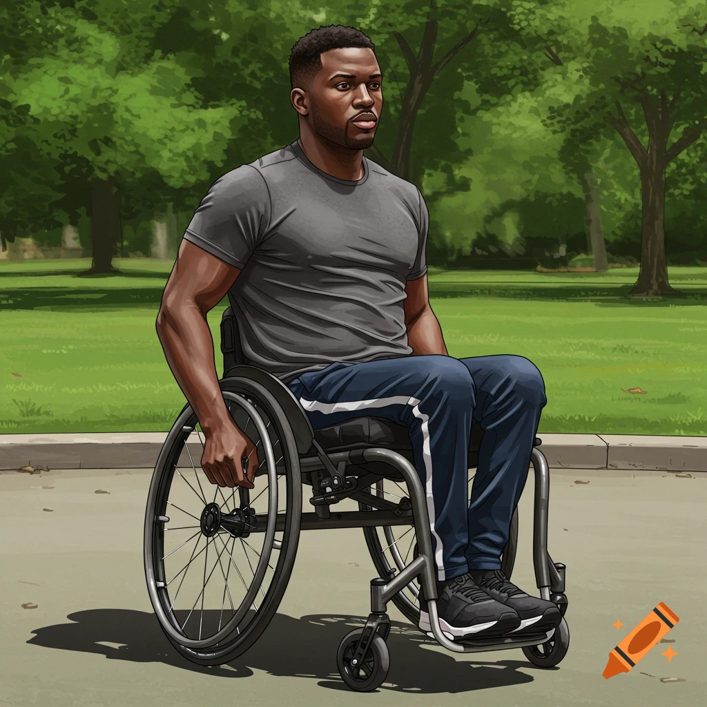 A Black man in a wheelchair in a park.
