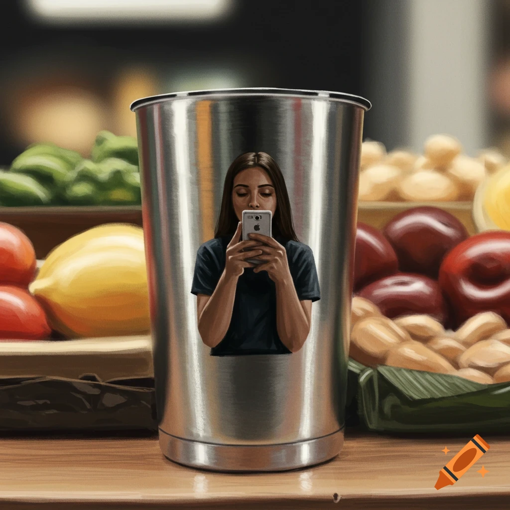 A woman takes a selfie reflected in a metal cup, with blurred market produce in the background.