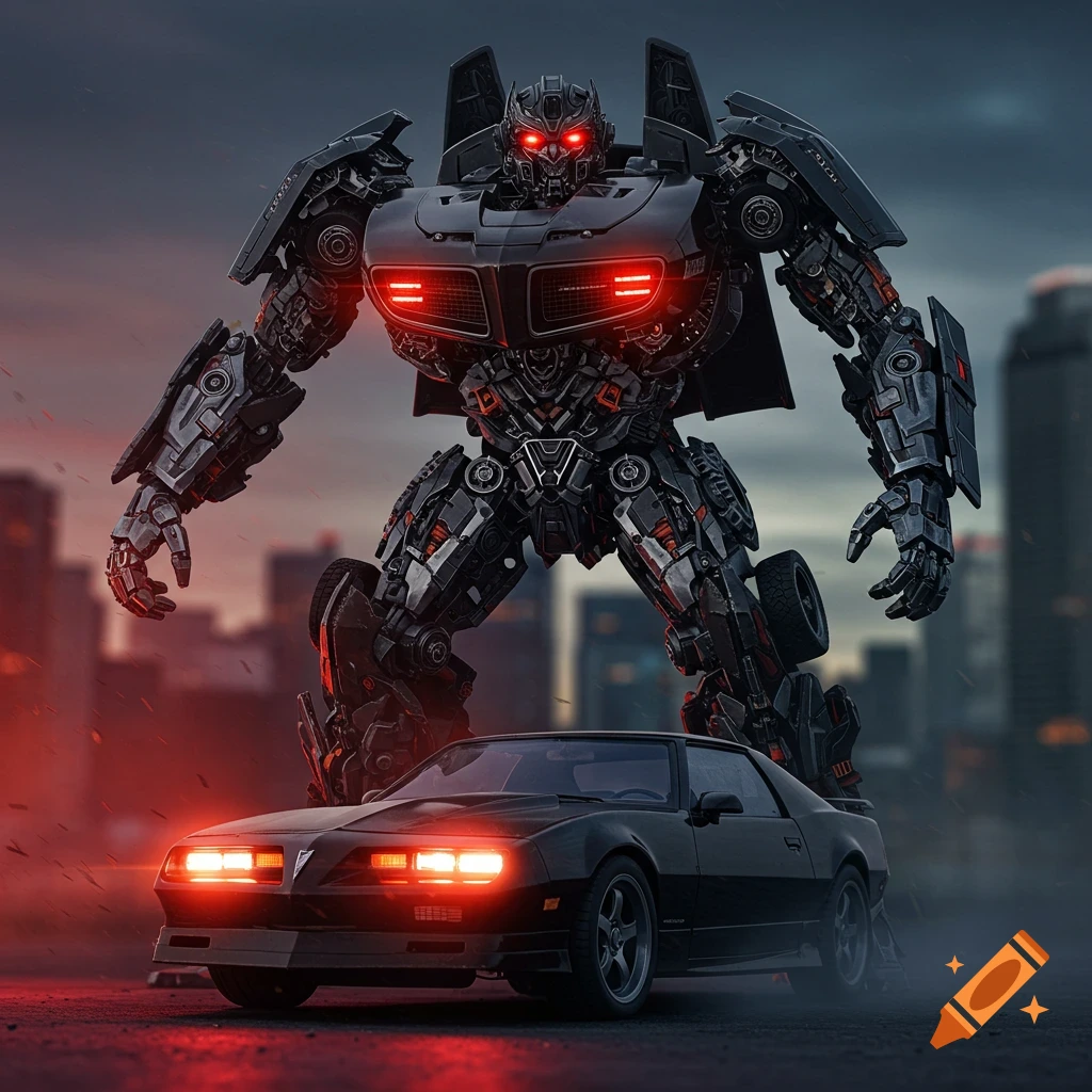 Black transformer robot over a black Pontiac Firebird in a city, red lights, photorealistic.