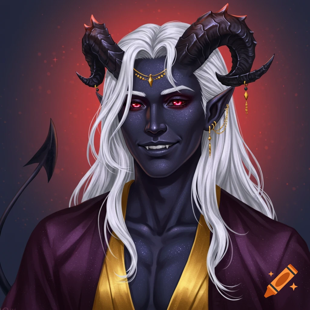 A portrait painting of a dark-skinned fantasy character with white hair, horns, red eyes, fangs, and a tail, wearing purple and gold.
