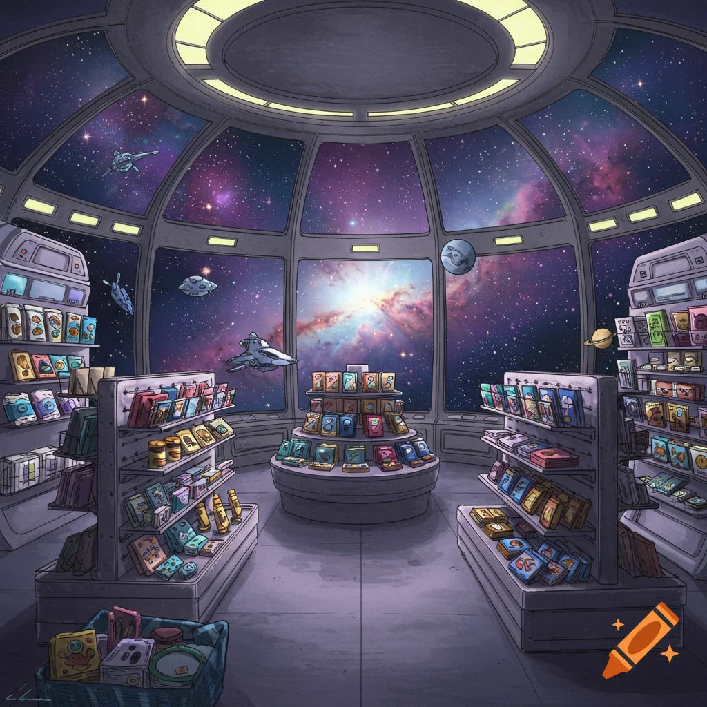 a gift shop inside a spaceship looking out at a nebula