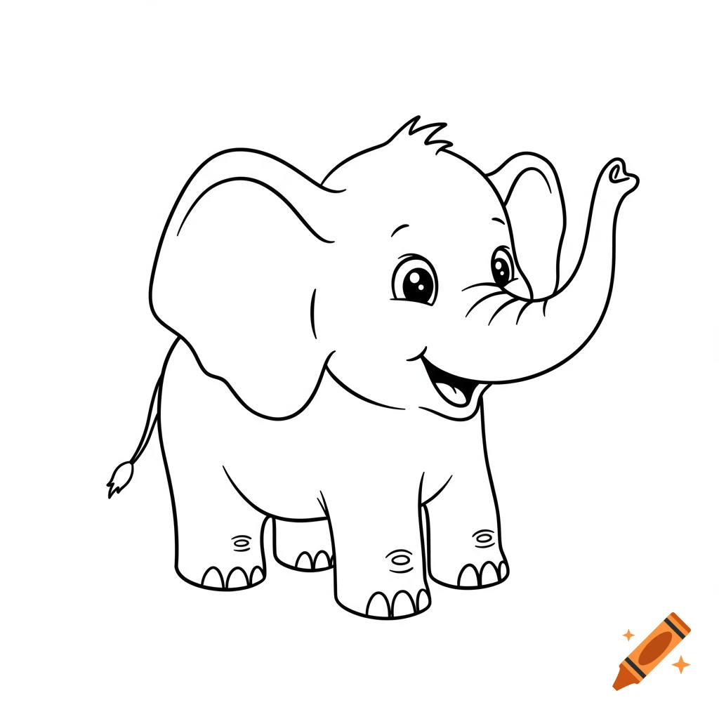 A line drawing of a happy cartoon elephant.