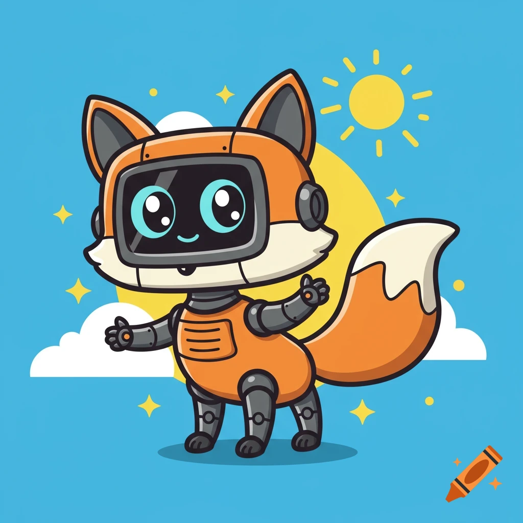 A cute cartoon robot fox with a screen face stands under a sun.