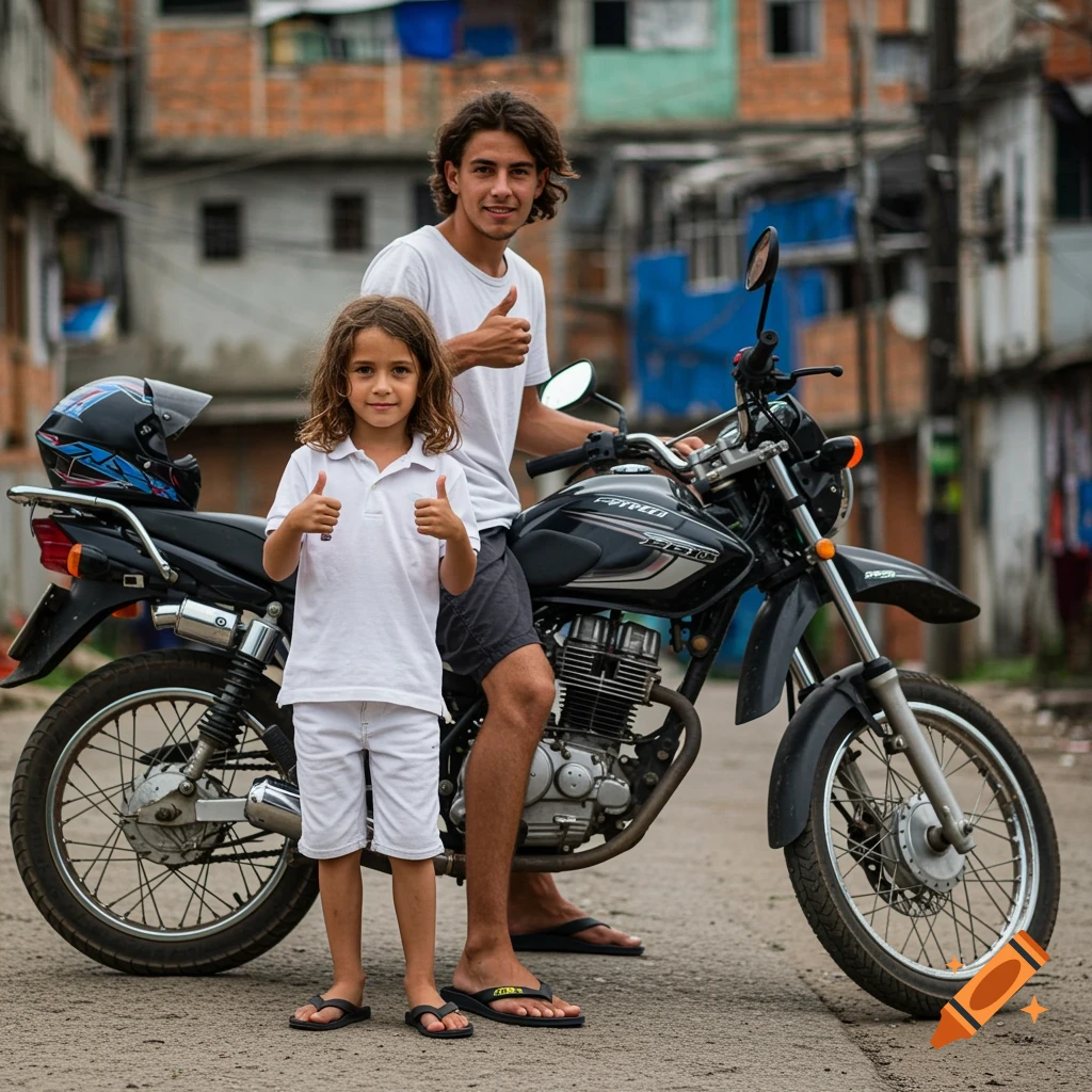 A boy and a young man give thumbs up while standing next to a black motorcycle on a street.