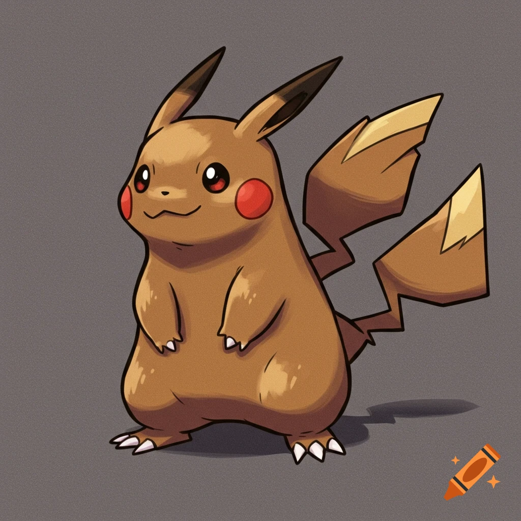 A brown cartoon creature resembling Pikachu with red cheeks and a lightning bolt tail, standing on a grey background.