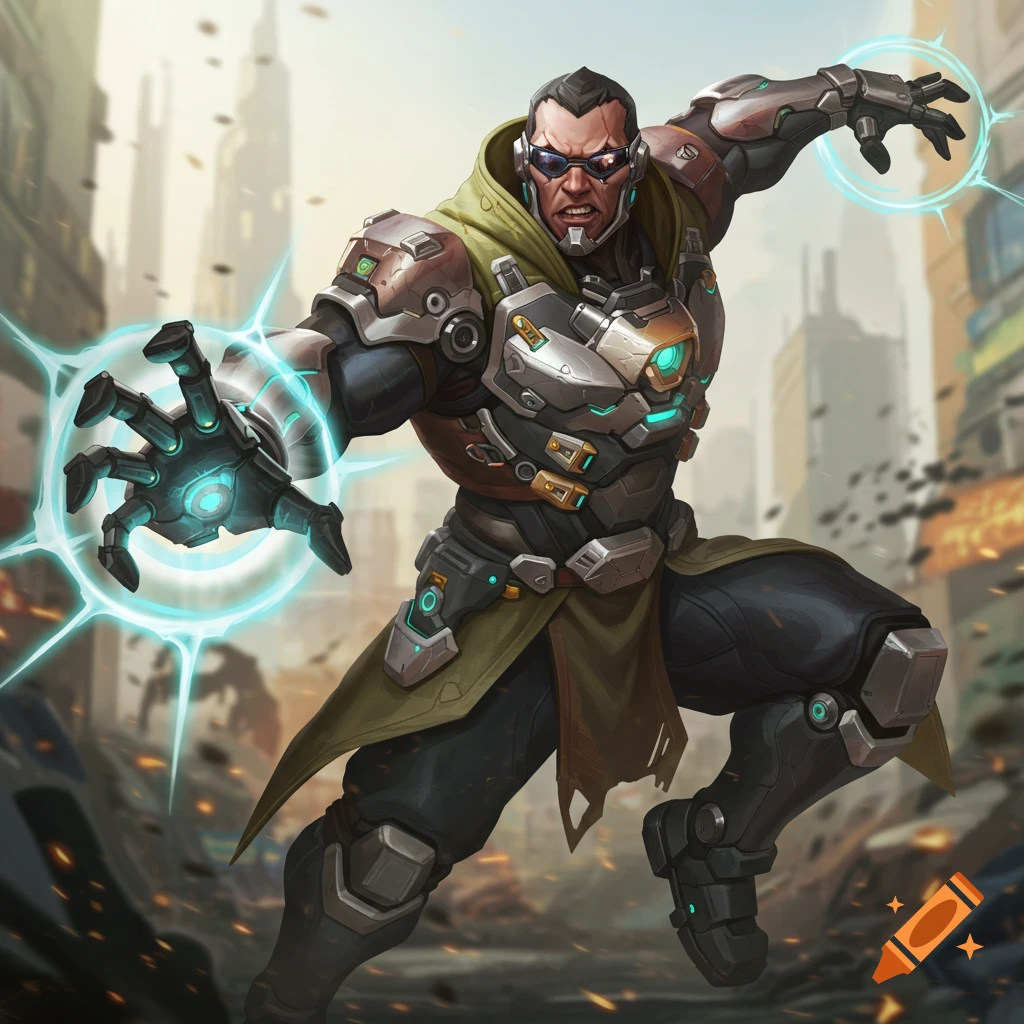 A male sci-fi character in armor emitting energy in a damaged city.