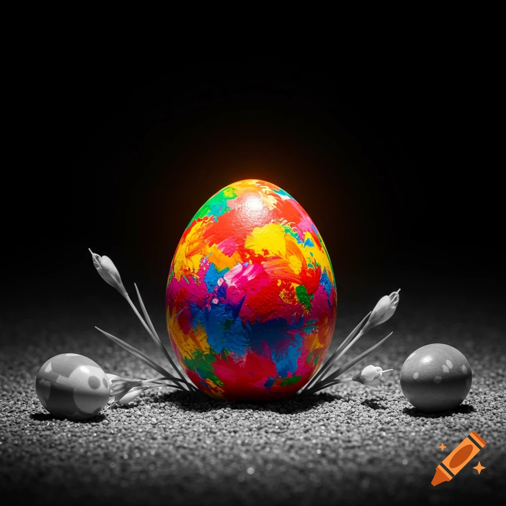 A brightly colored Easter egg sits on a dark, granular surface, flanked by two grayscale decorative eggs and flower buds in a selective color photo.