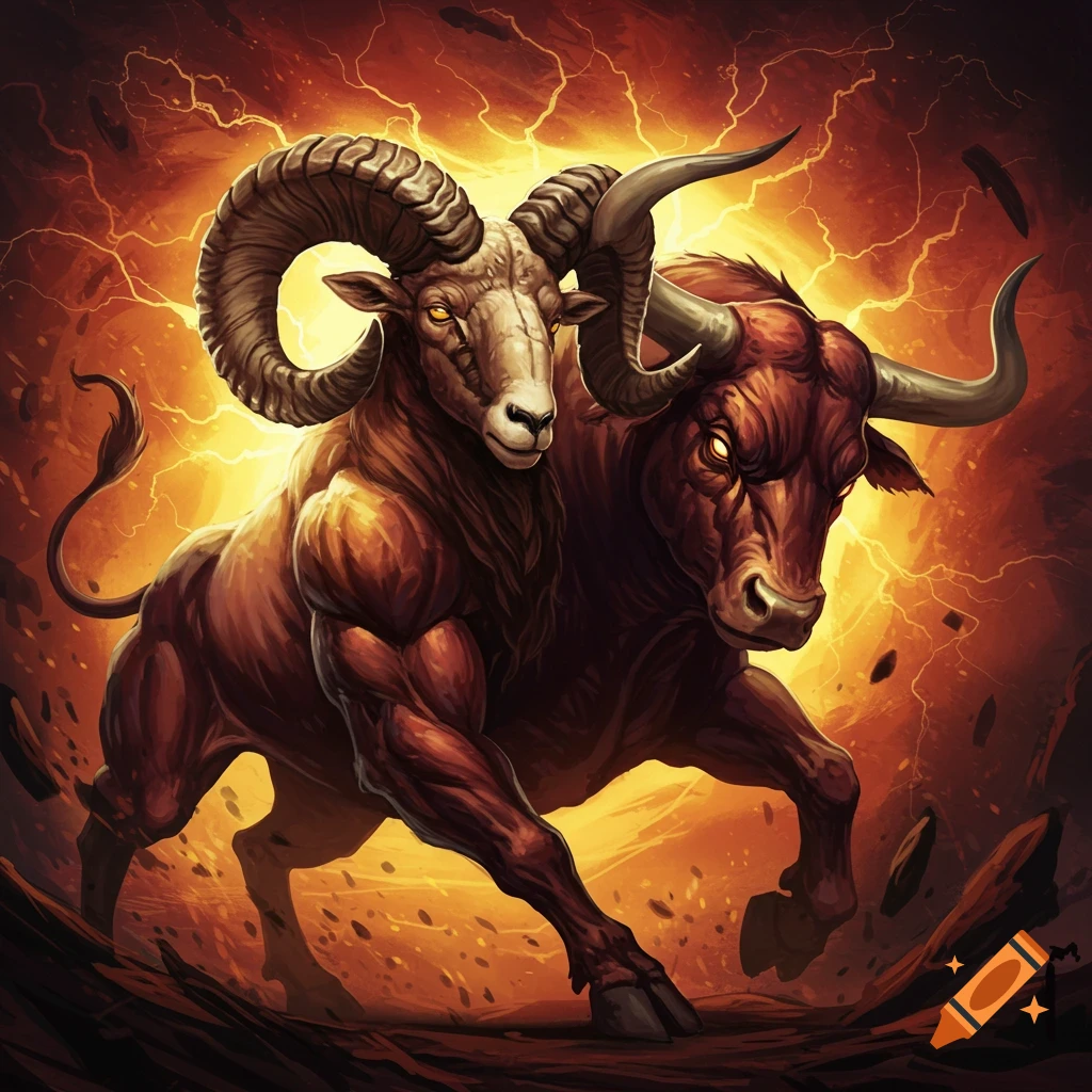 Powerful ram and bull fusion creature in a storm of lightning