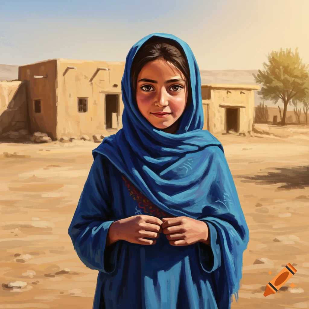 A young girl in a blue scarf in a sunny village.