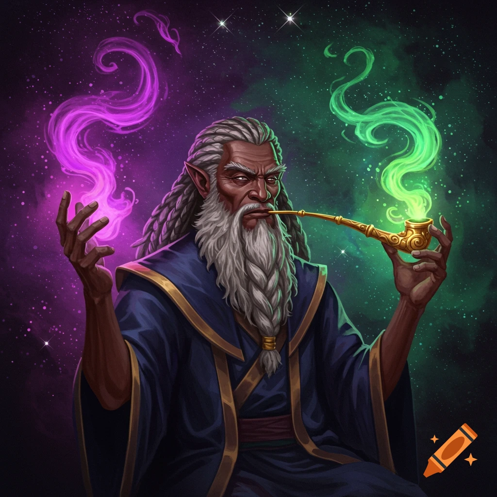 A powerful mage with a beard and dreadlocks in a blue robe, smoking a pipe with purple and green smoke in space.