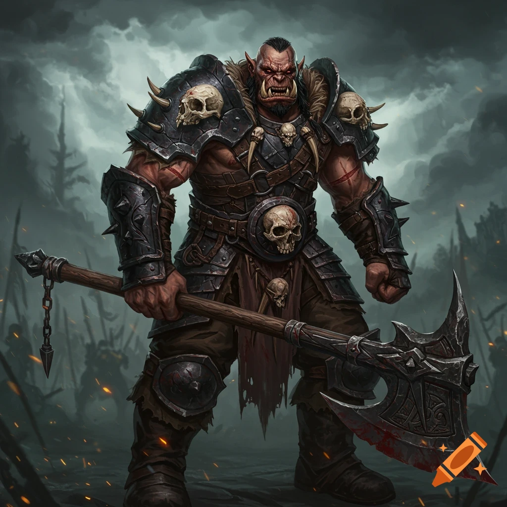 A large male orc bandit leader in armor holding an axe on a battlefield.