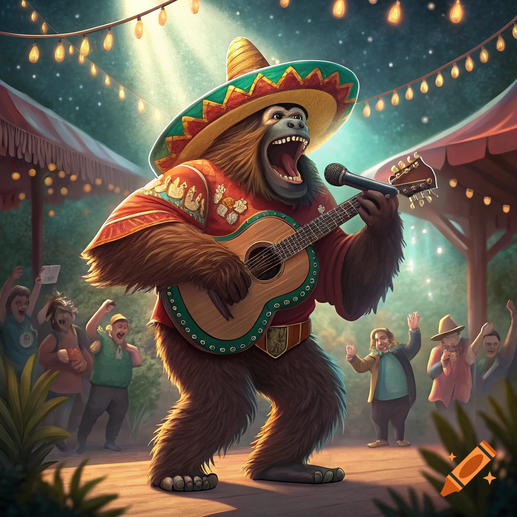 Illustrated Bigfoot wearing a sombrero, playing a guitar and singing on stage to a crowd.