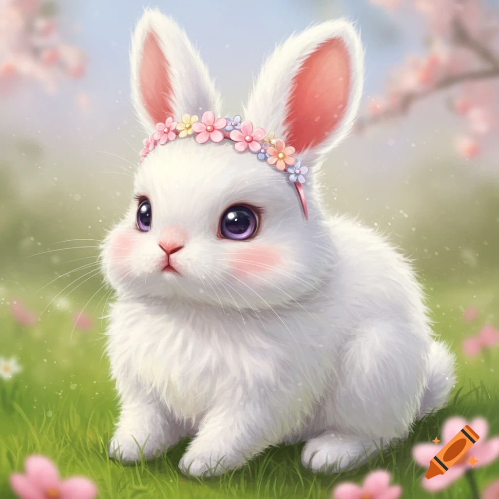 Cute fluffy white rabbit with a flower headband sits in green grass.