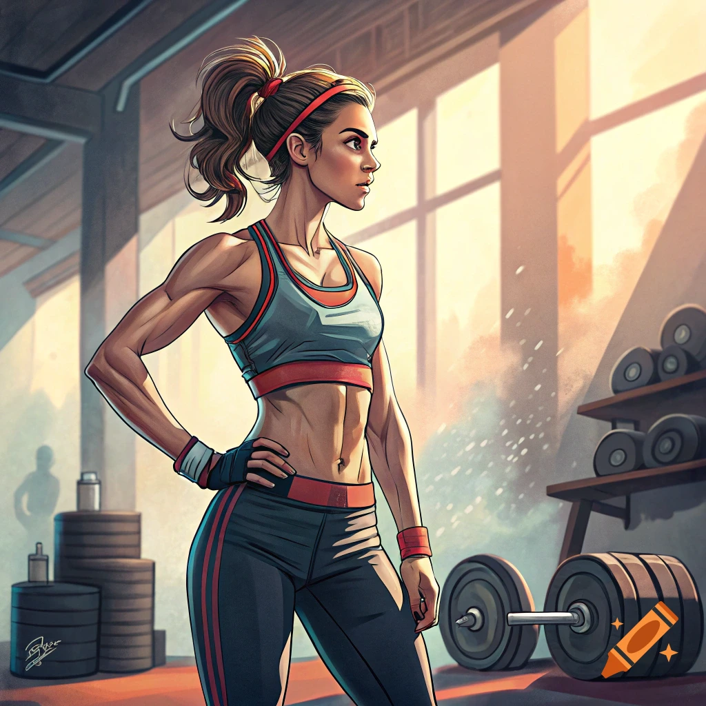 A muscular woman in gym clothes stands confidently in a sunlit gym, hand on her hip, looking to the side.