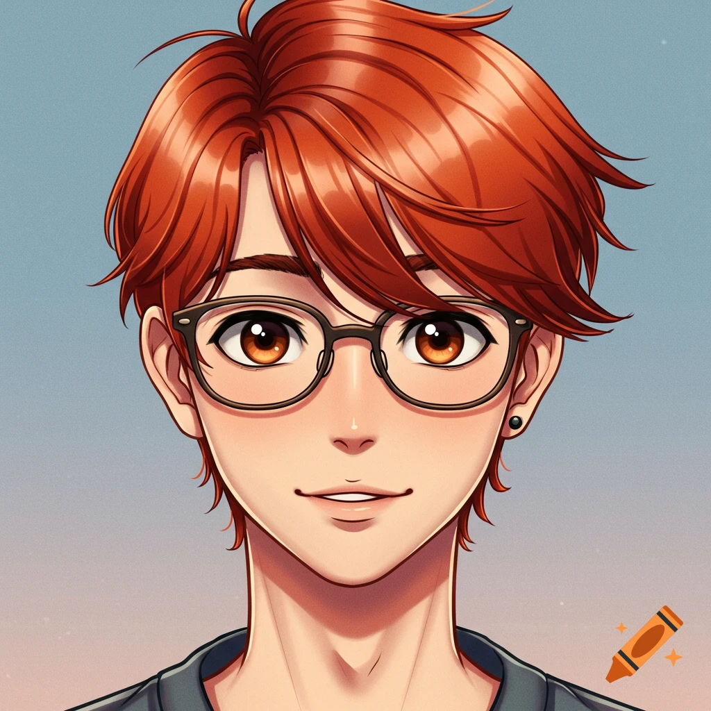 Anime portrait of a male with short ginger hair, glasses, and brown eyes.