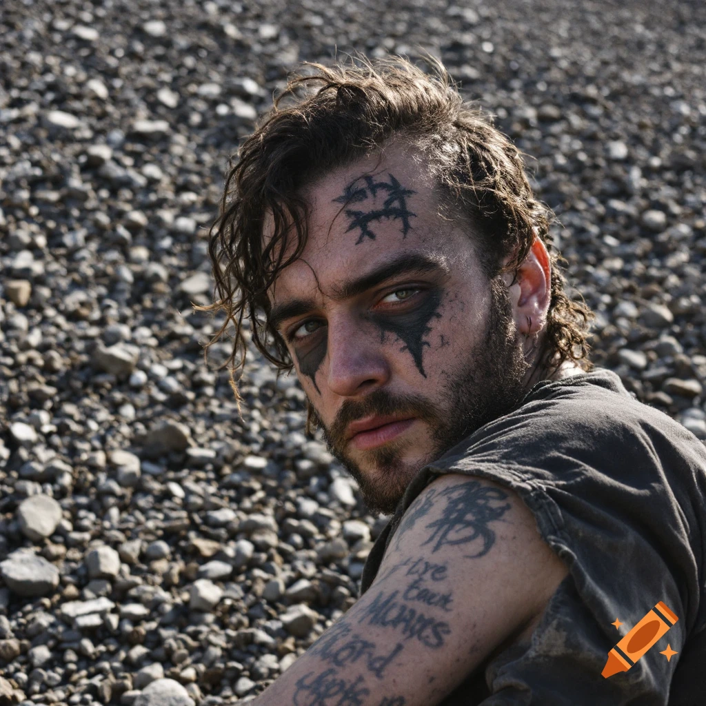 Portrait of a man with dark face paint and arm tattoos in a rocky outdoor setting.