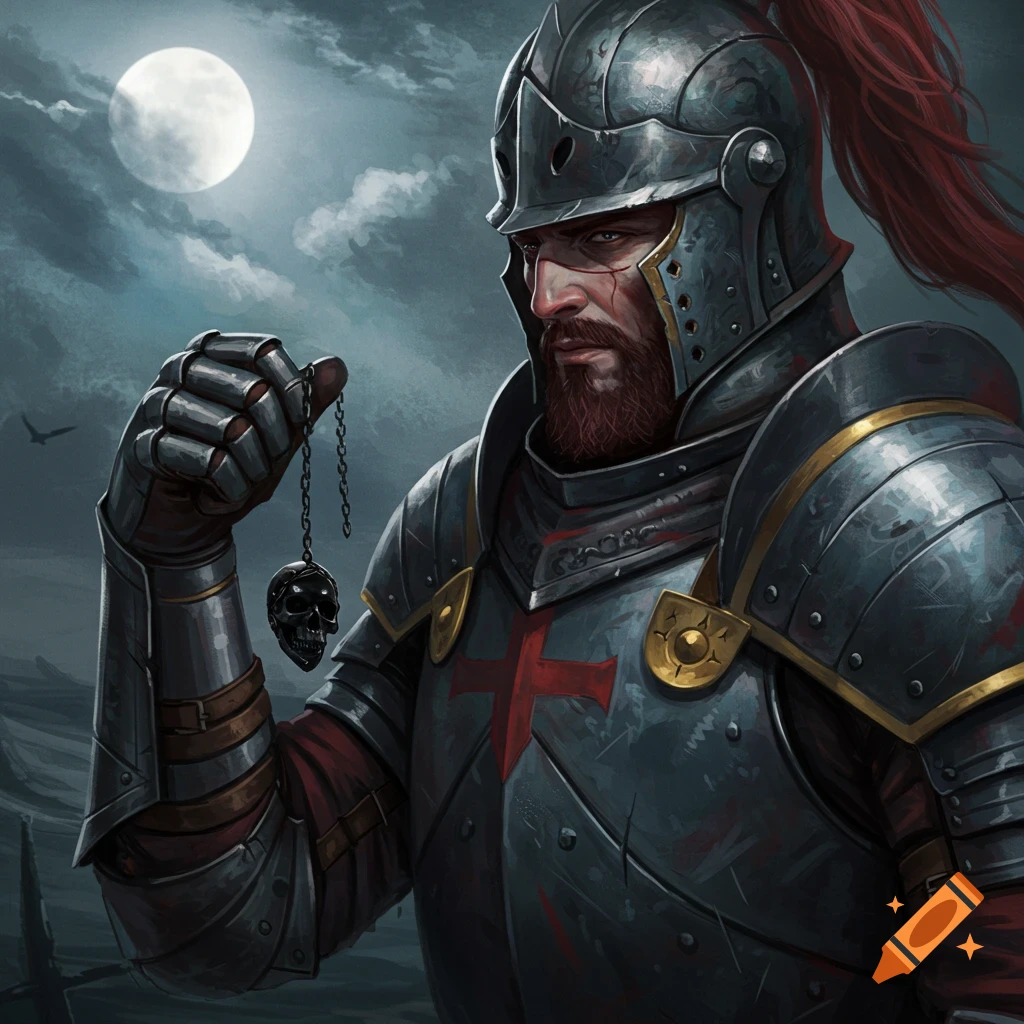 A knight in armor holding a skull pendant under a full moon.