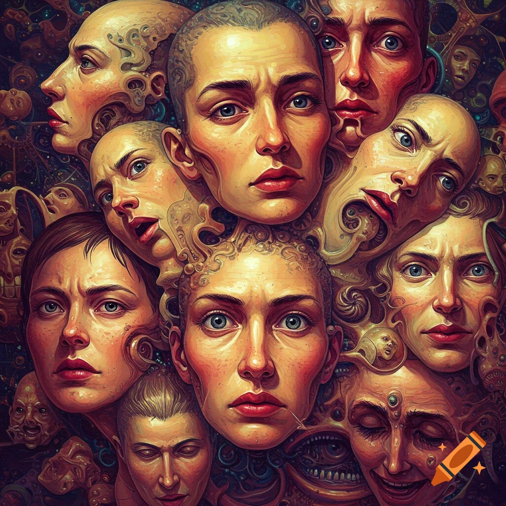 Multiple distorted human faces are closely packed and merging together in a surreal image.