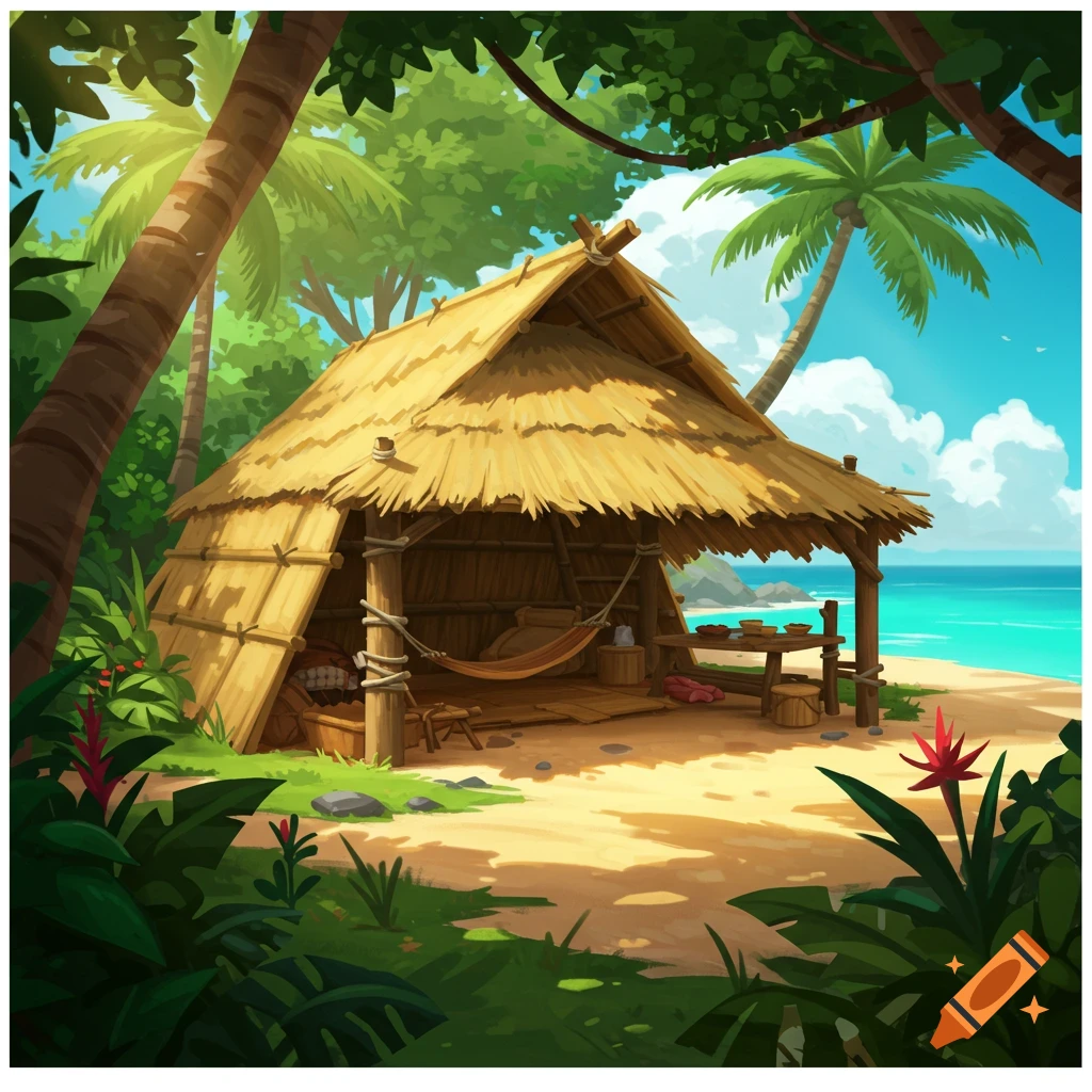 A thatched hut shelter on a tropical beach with palm trees and ocean.