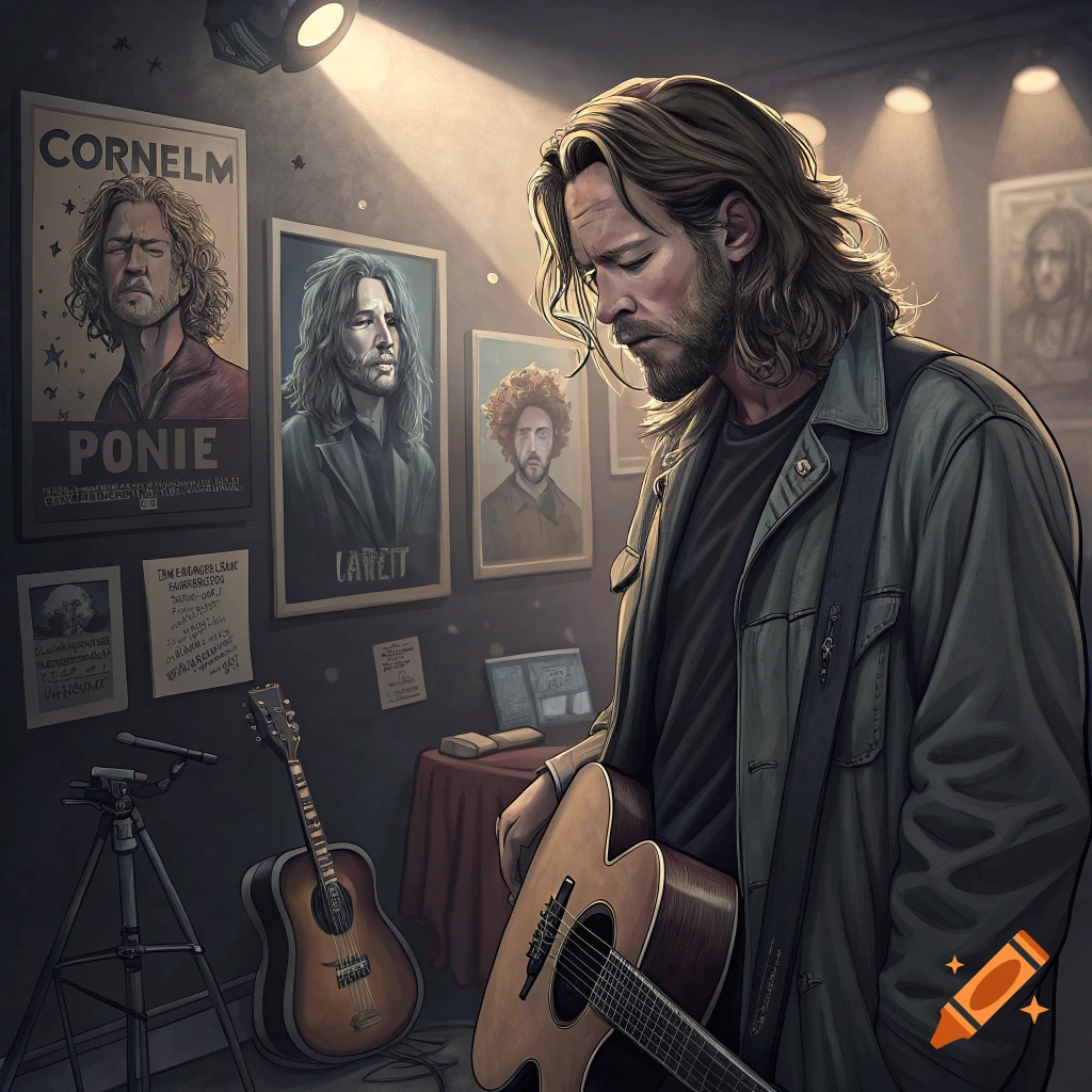 A musician stands with a guitar in a room with posters, appearing to mourn. Illustration.