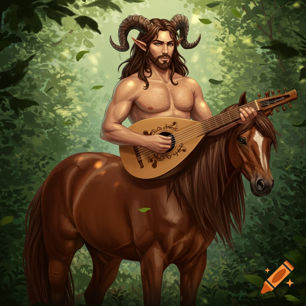 Bare-chested centaur with satyr horns and long hair plays a lute in a forest.
