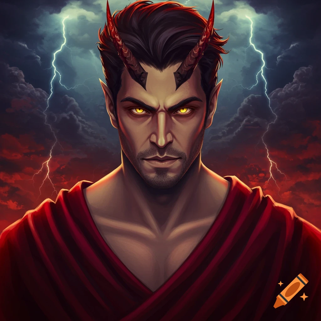 A fantasy character with red horns and glowing yellow eyes stands against a stormy sky with lightning.