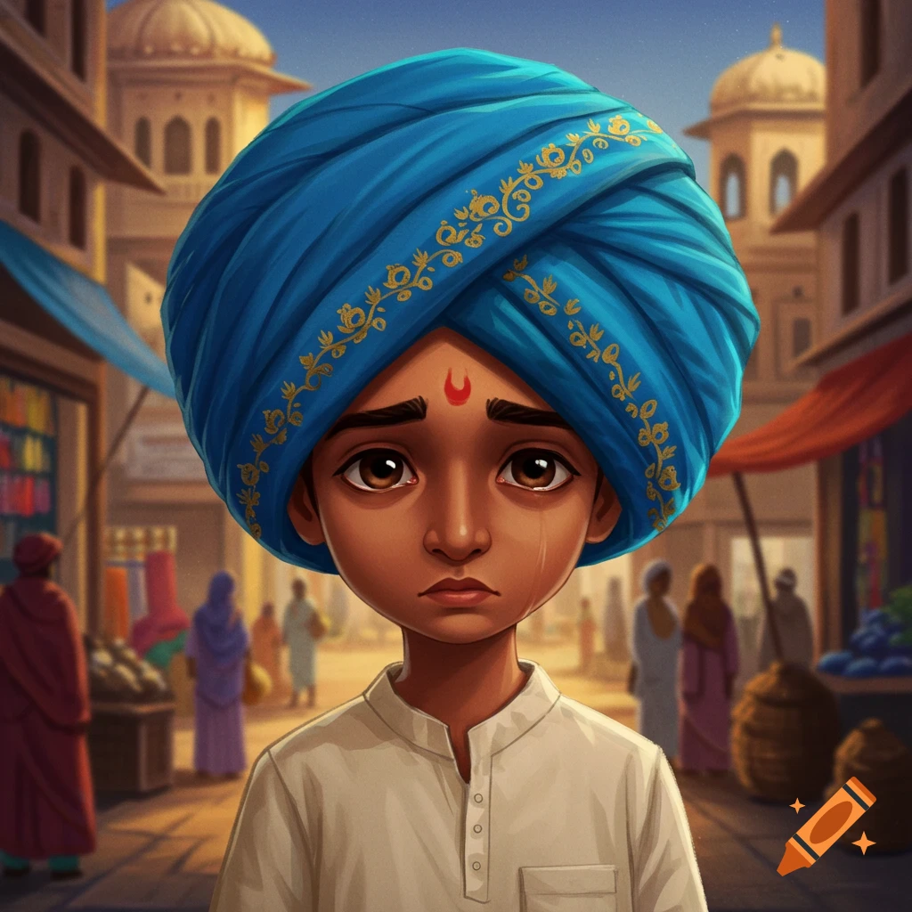 A sad boy in a blue turban standing in an Indian market.