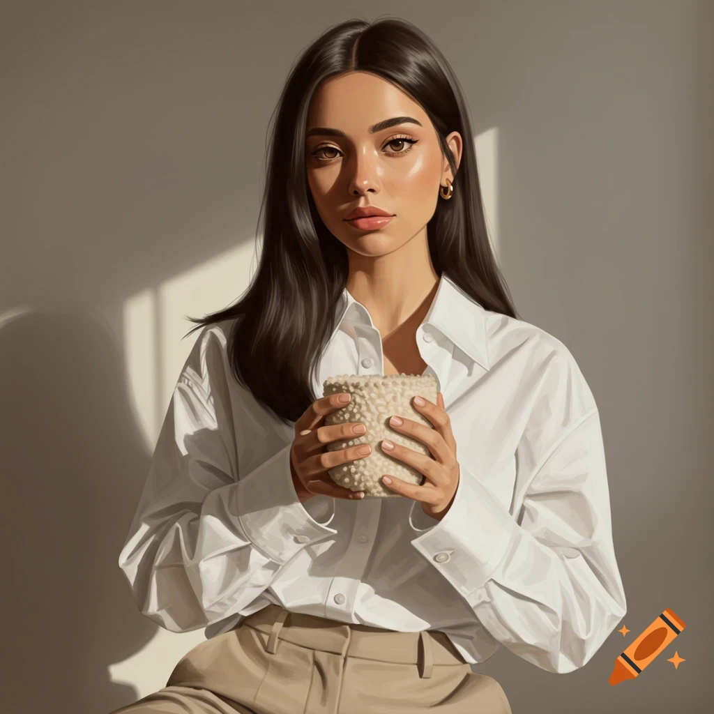 A woman in a white shirt is holding a cup in a sunlit room.