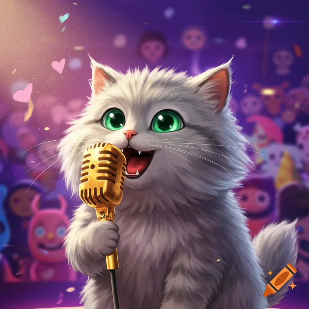 A fluffy gray cat sings into a golden microphone in front of a cartoon audience.