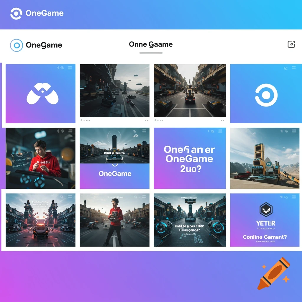 A simulated Instagram page for 'OneGame' displaying a grid of images, including logos, futuristic cityscapes with flying cars, and a boy playing a video game.