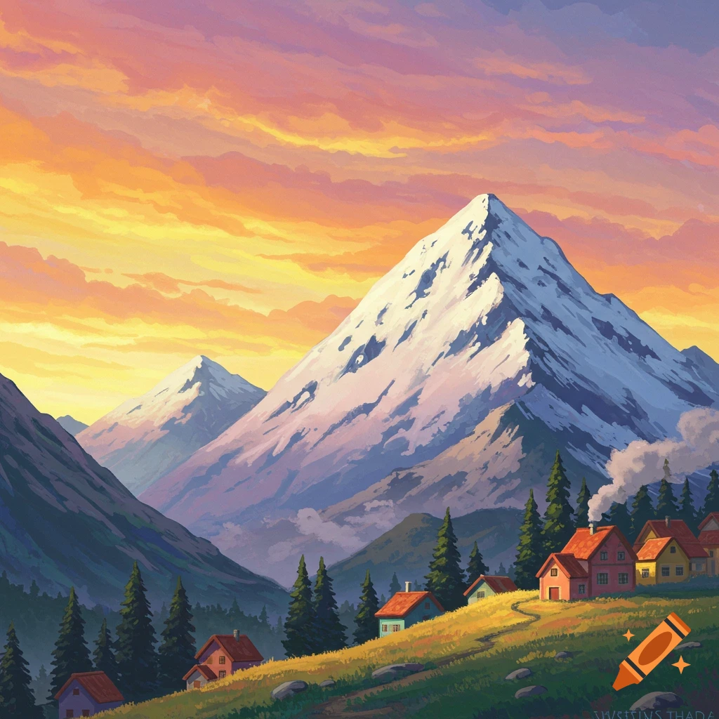 A mountainous landscape with houses at sunrise