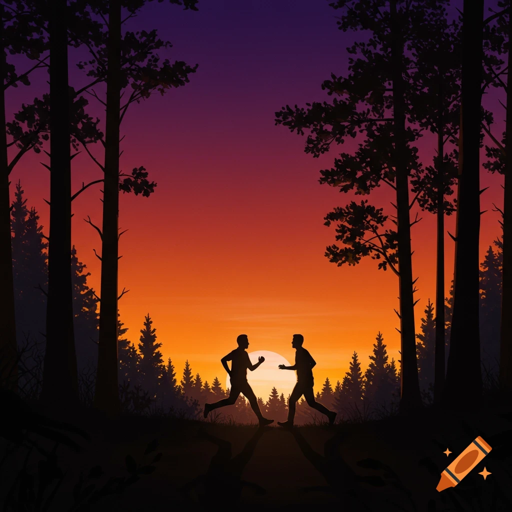Silhouettes of two men running in a forest at sunset.