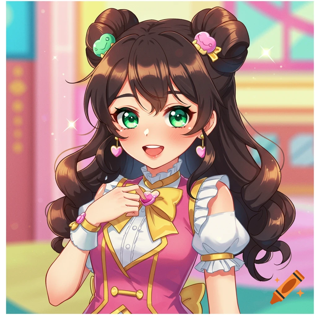 Anime portrait of a girl with green eyes and brown hair in buns, wearing a pink and yellow dress.