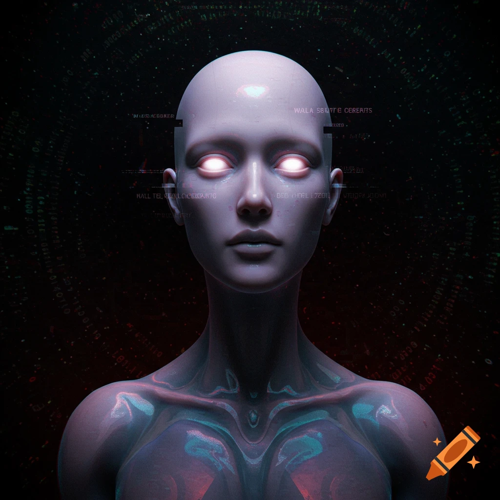 A glitchy AI person with glowing eyes on a dark code background.