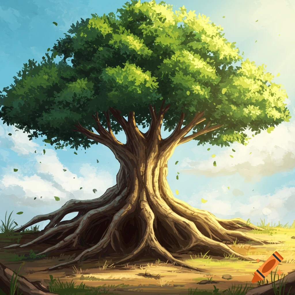 A large tree with strong exposed roots stands in a sunny field under a blue sky.