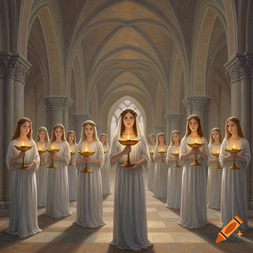 Young women in white robes holding lit lamps in a grand hall.