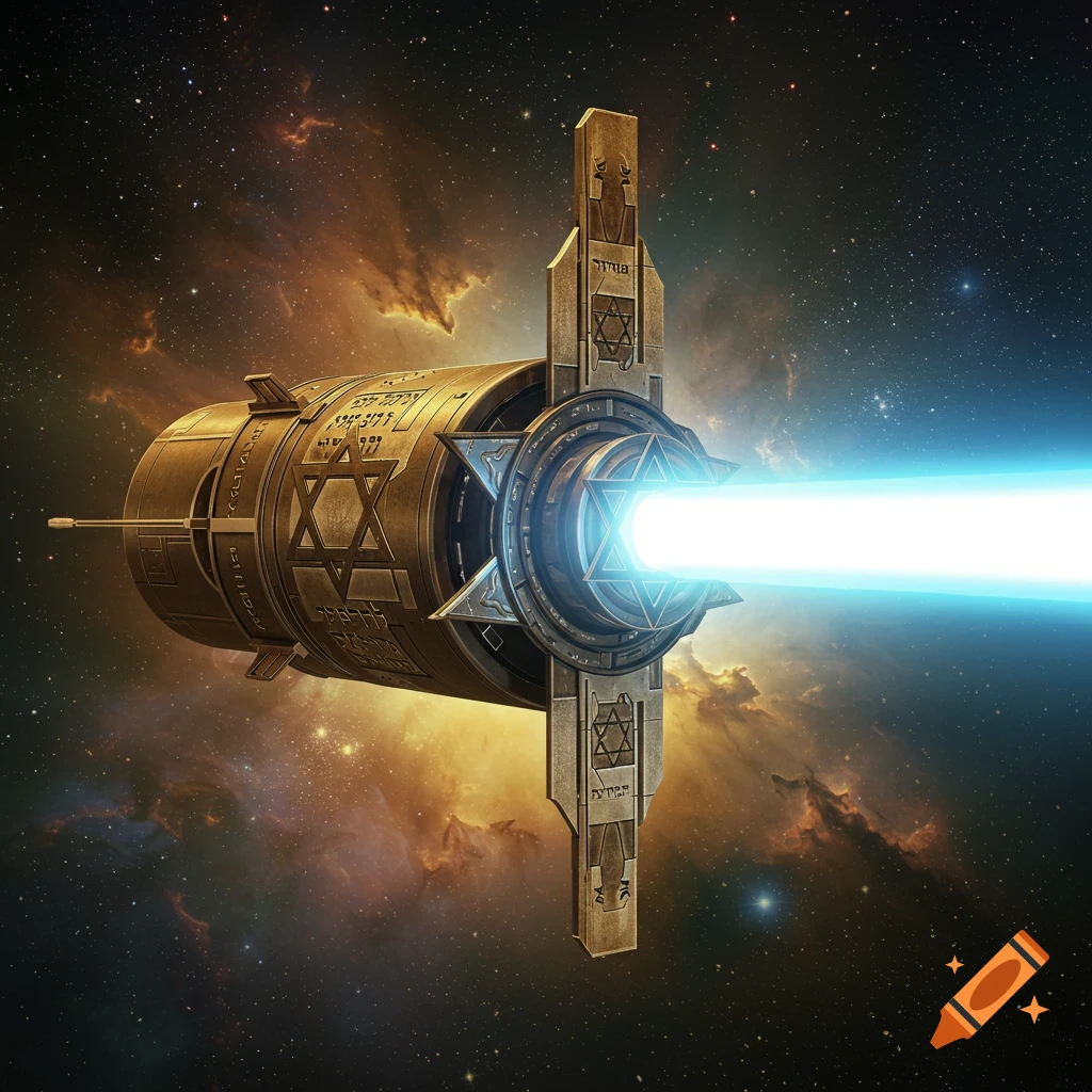 A space laser spaceship decorated with Stars of David and Hebrew text, firing a blue beam in space.