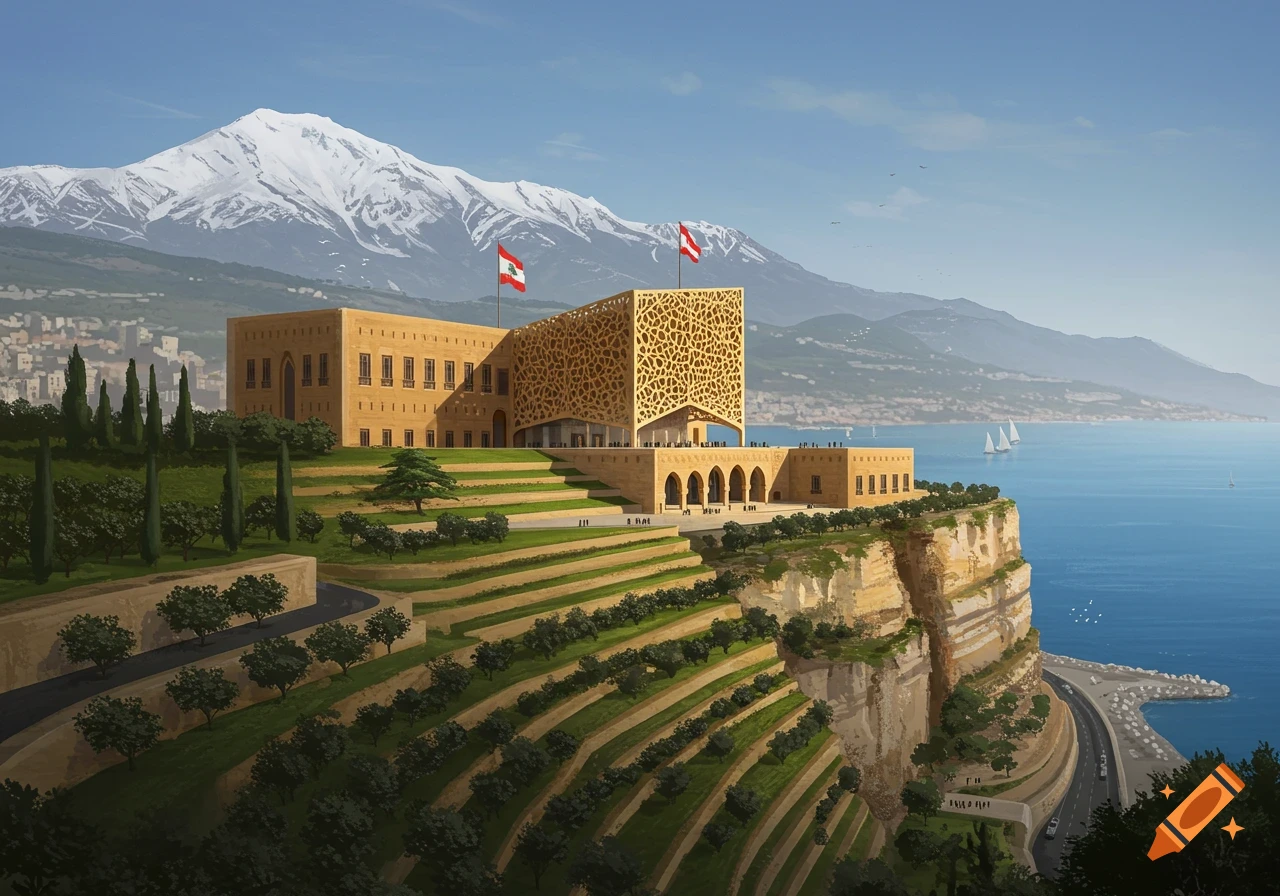 A large building with flags stands on a cliff overlooking the sea, with terraced hillsides and snowy mountains.