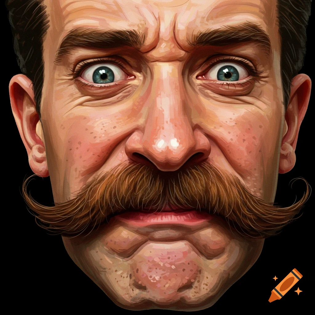 Image of a man's face with a large mustache, looking uncomfortable.