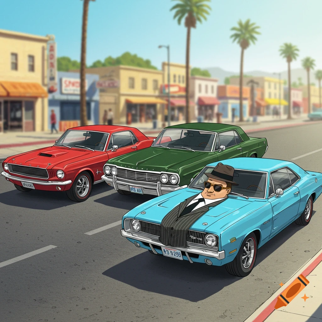 Three cartoon cars dressed as gangsters driving down a stylized town street.