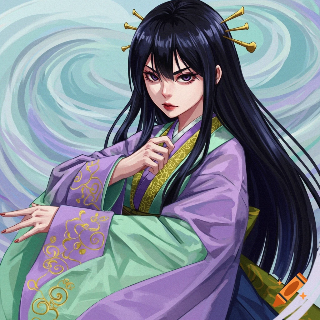 A woman with long black hair in an ornate purple and green robe stands against a swirling background.